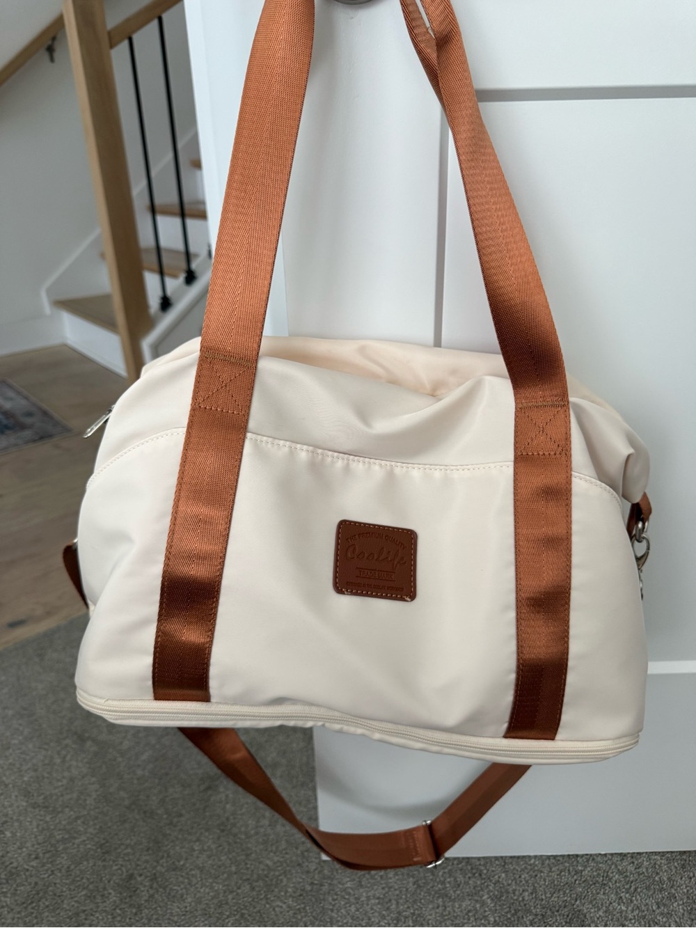Cream Travel Duffel Bag with Brown Straps